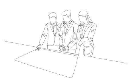 Continuous one line drawing of business people planning project at table, project discussion in office concept, single line art.のイラスト素材