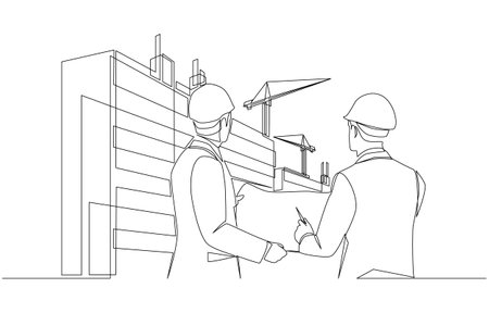 Continuous one line drawing of engineer and project manager holding blueprint looking at construction building, construction project progress monitoring concept, single line art.のイラスト素材