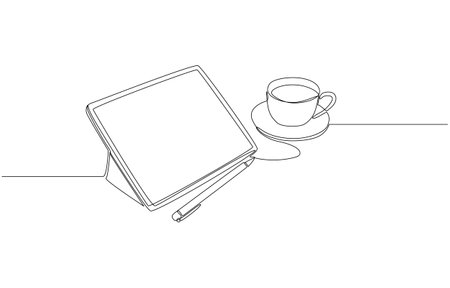 Continuous one line drawing of tablet, stylus pen and cup of coffee on table, graphic design work concept, single line artのイラスト素材