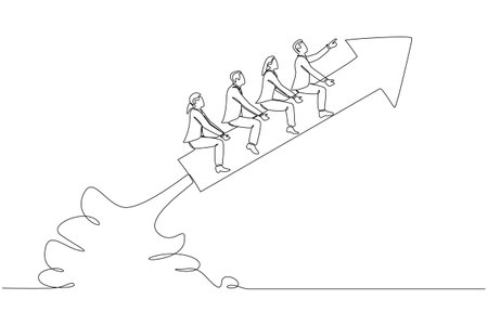 Continuous one line drawing of businesspeople riding rising arrow rocket together, cooperation and teamwork for business growth concept, single line artのイラスト素材