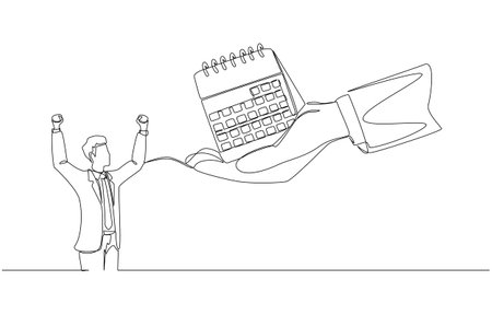 Continuous one line drawing of boss's hand holding calendar to show happy employee extra holidays, employee benefits concept, single line artのイラスト素材