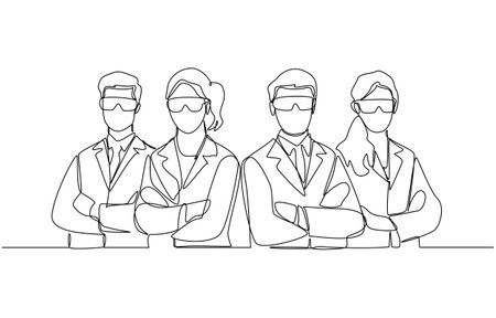 Continuous one line drawing of expert scientists standing with arms crossed in confidence, scientists team in lab concept, single line artのイラスト素材