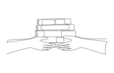 Continuous one line drawing of hands of two people holding pile of books together, sharing knowledge concept, single line artのイラスト素材