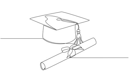 Continuous one line drawing of graduation cap and rolled diploma, graduation and academic achievement concept, single line artのイラスト素材