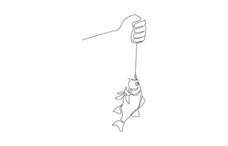 Continuous one line drawing of hand showing fish on hook, single line artのイラスト素材