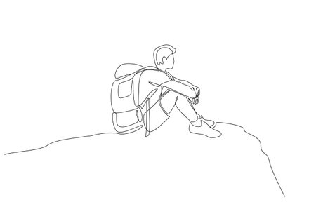 Continuous one line drawing of backpacker sitting on top of mountain enjoying nature, nature tourism concept, single line artのイラスト素材