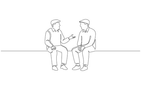 Continuous one line drawing of two old men sitting and talking, single line artのイラスト素材