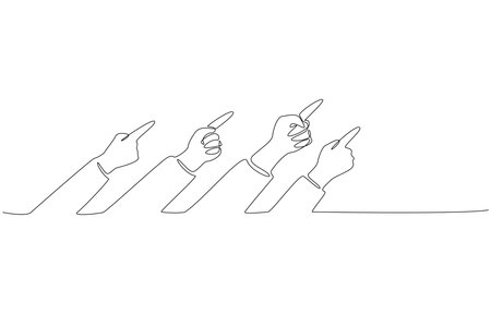 Continuous one line drawing of hands pointing in same direction, business consensus, shared team target concept, single line artのイラスト素材