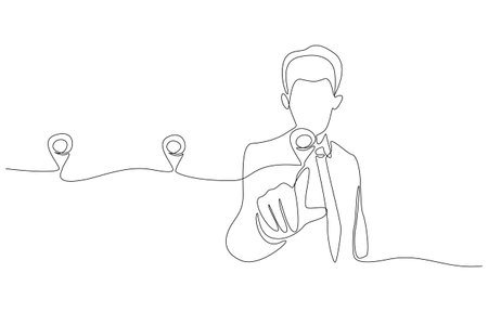 Continuous one line drawing of businessman selecting location point, location for investment or business growth concept, single line artのイラスト素材