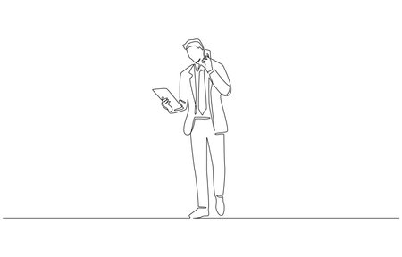 Continuous one line drawing of businessman holding document while talking on phone, business hustle concept, single line art.のイラスト素材