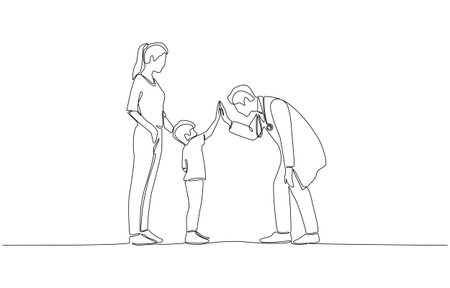 Continuous one line drawing of doctor giving boy patient high five, medical healthcare concept, single line art.のイラスト素材