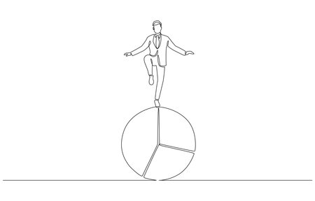 Continuous one line drawing of a businessman balancing on top of a segmented pie chart, symbolizing delicate act of managing business performance and financial stabilityのイラスト素材