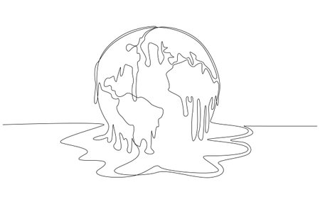 Continuous one line drawing of globe melting like ice cream, symbolizing climate change, single line artのイラスト素材