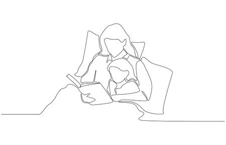 Continuous one line drawing of mother reading bedtime story to child in bed, family and parenting concept, single line artのイラスト素材