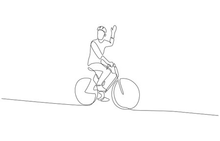 Continuous one line drawing of cyclist riding a bicycle and raising one hand in friendly wave, symbolizing joy of outdoor adventure, single line art.のイラスト素材