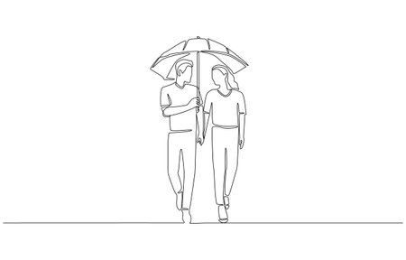 Continuous one line drawing of happy couple holding hands under umbrella, symbolizing love, companionship, and support through journey of life, single line artのイラスト素材