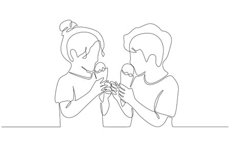 Continuous one line drawing of two children sharing ice cream cones, childhood and friendship concept, single line artのイラスト素材