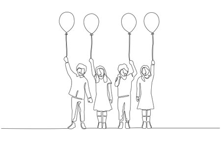Continuous one line drawing of four children standing side by side and holding balloons above their heads, symbolizing childhood joy, innocence, and friendship, single line art.のイラスト素材