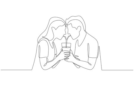 Continuous one line drawing of couple sharing same drink, symbolizing trust, affection, and shared moments in a relationship, single line artのイラスト素材