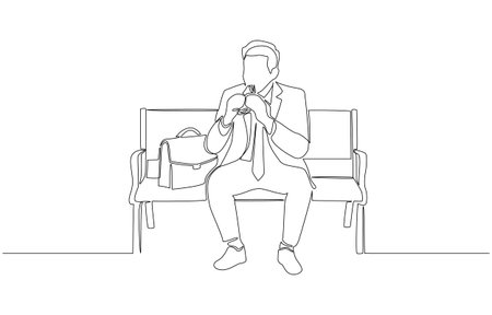 Continuous one line drawing of businessman eating sandwich on park bench, single line artのイラスト素材