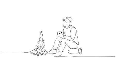 Continuous one line drawing of camper sitting by campfire with warm drink, symbolizing peace, solitude, and simple joys of nature, single line artのイラスト素材