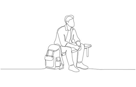 Continuous one line drawing of traveler sitting on bench with backpack, representing themes of waiting, travel, solitude, and self-reflection, single line artのイラスト素材
