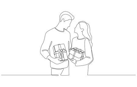 Continuous one line drawing of couple exchanging gifts, symbolizing love, celebration, gratitude, and togetherness, single line artのイラスト素材