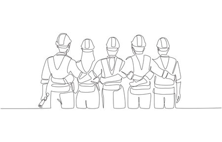 One line drawing depicting group of construction workers standing side by side with their arms around each other, symbolizing teamwork, unity, collaboration, single line artのイラスト素材