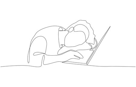 Continuous one line drawing of a guy resting his head on a laptop keyboard, symbolizing exhaustion, burnout, or overwork in the digital age, single line artのイラスト素材
