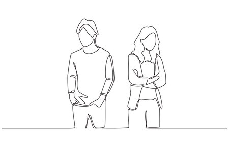 Continuous one line drawing of couple standing apart with closed body language, symbolizing emotional distance, disagreement, or relationship conflict, single line art.のイラスト素材