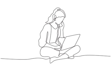 Continuous one line drawing of young woman sitting on the floor working with laptop, symbolizing remote work, freelance work, single line art.のイラスト素材