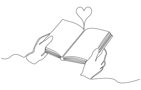 Continuous one line drawing of hands holding  open book with heart shape rising from page, symbolizing love for reading, knowledge, and imagination, single line art.のイラスト素材