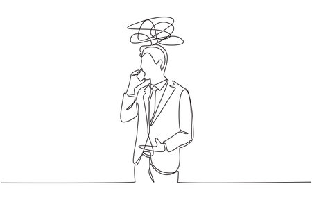 Continuous one line drawing of businessman talking on phone angrily, symbolizing stress, overthinking, or confusion in professional environment, single line art.のイラスト素材