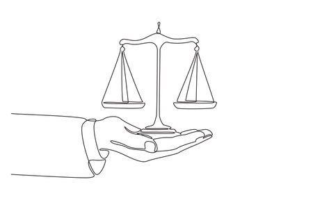 Continuous one line drawing of hand of businessperson holding balance scales, symbolizing business ethics, single line art.のイラスト素材