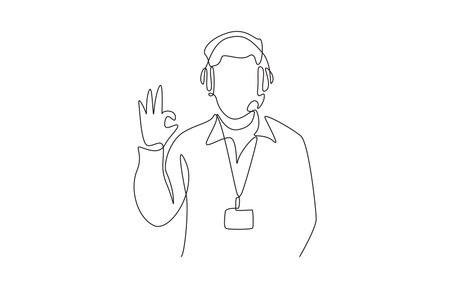 Continuous one line drawing of TV director making Okay sign, production of entertainment and media content concept, single line art.のイラスト素材