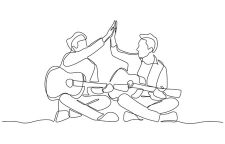 One line drawing of two friends holding guitars and giving each other high five, symbolizing friendship, musical collaboration, and joy of playing music together, single line art.のイラスト素材