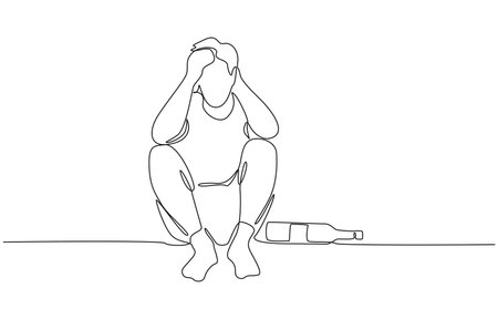 Continuous one line drawing of hungover man sitting on floor next to bottle of liquor, symbolizing mental fatigue and alcohol addiction, single line art.のイラスト素材