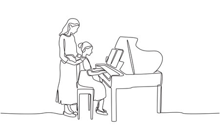 Continuous one line drawing of piano teacher and young student, symbolizing learning, mentorship, and musical development, single line art.のイラスト素材