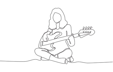 Continuous one line drawing of girl enjoying playing bass at home, practicing playing musical instruments concept, single line art.のイラスト素材