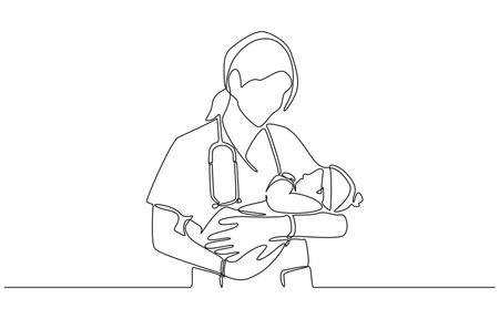 Continuous one line drawing of pediatrician nurse holding newborn baby at hospital ward, symbolizing nurturing, safety, and the dedication of medical workers, single line art.のイラスト素材