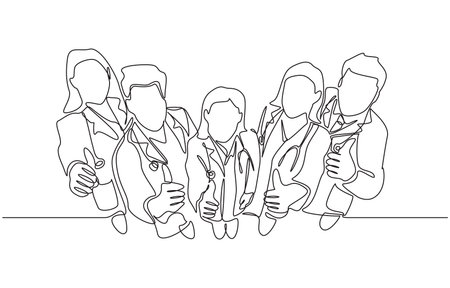 Continuous one line drawing of group of doctors giving thumbs up gesture from top view, confident medical team concept, single line art.のイラスト素材
