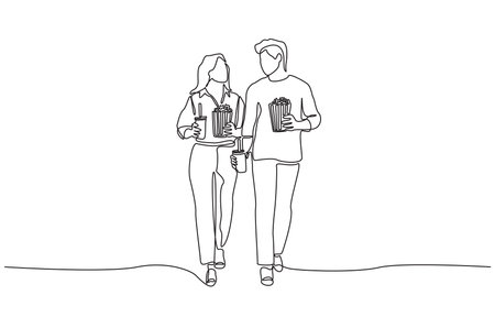 Continuous one line drawing of couple walking together while holding popcorn and drinks, representing movie date, leisure time, or casual outing, single line art.のイラスト素材