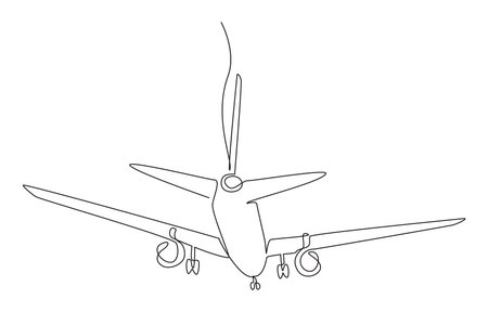 Continuous one line drawing of airplane preparing for landing on runway, single line art.のイラスト素材