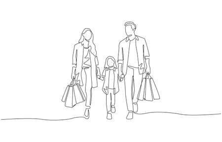 Continuous one line of parents and child shopping together, family bonding through ordinary activity concept, single line artのイラスト素材