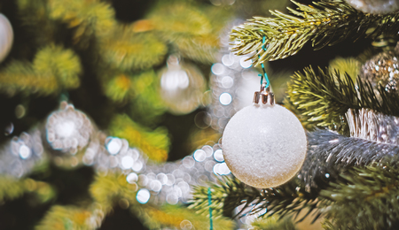 Soft focused on white  ball Christmas celebration accessories on Christmas tree prepare for the Christmas and happy New Year festivalの写真素材