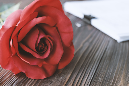Red roses on wooden background,Valentines day celebrationの写真素材
