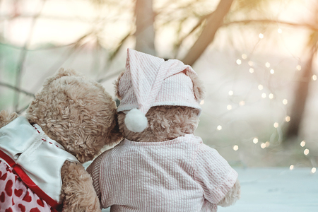 Bear couples sit on wooden floor in evening light,romantic scene in valentines day or important day.の写真素材
