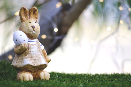 Easter bunny was holding easter egg on a bright grass  backgroundの写真素材