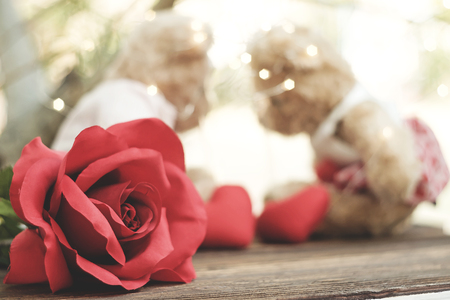 Red rose placed on wooden floor with couples bear kissing on the background.の写真素材