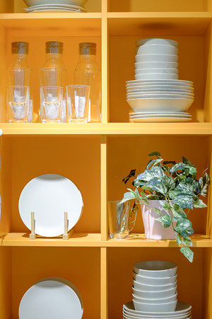 Modern design orange colors box shelf for keep dish,glass,bottle or anythings.の写真素材